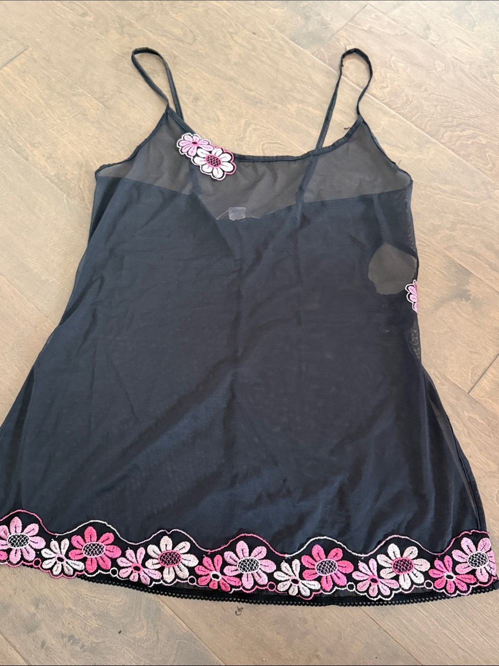 Victoria's Secret Black Sheer Slip Cami with Pink Floral Embroidery